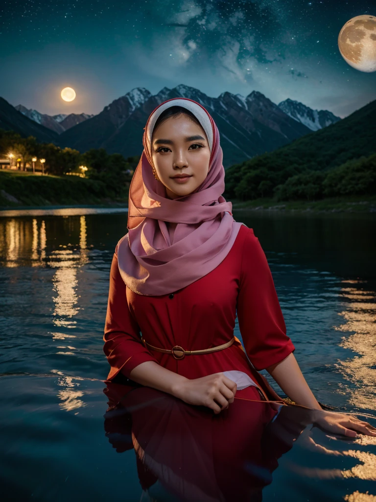 A very starry night. Big moon behind the mountains. The calm lake reflects the night. a beautiful korean woman in hijab, red dress, chin resting, dreamy expression, realistic scene, detail, Photorealism, 16k