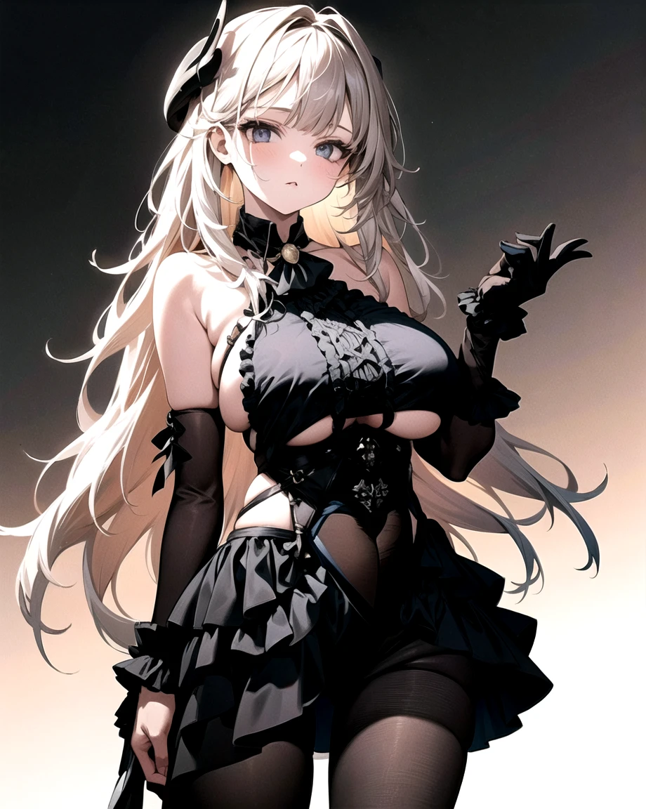 One girl, alone, Large Breasts, Black Pantyhose, Black mini skirt, Costumes - Hindenburg,
Elbow hand pockets, Black gloves,
Are standing, Cowboy Shot,