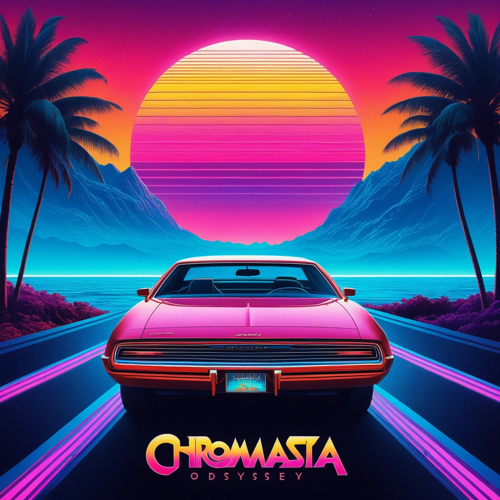 Vintage Movie Poster style meets Synthwave in a ChromaFantasia Odyssey