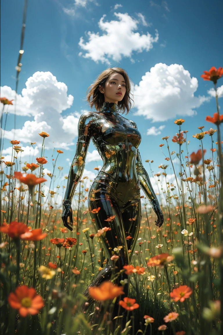 wallpaper，32k，uhd, high details, best quality, highres, masterpiece，1 girl, Looking at the audience, full body,Practical, Long hair, Long hair blown by wind, Random Action，Solitary, Flowers, Sky, Sky, outdoor, short hair, brown Long hair, Science fiction, Vague, Grass, realism, cloud, blue Sky, Chest, Lips, transparent, transparent, transparent,