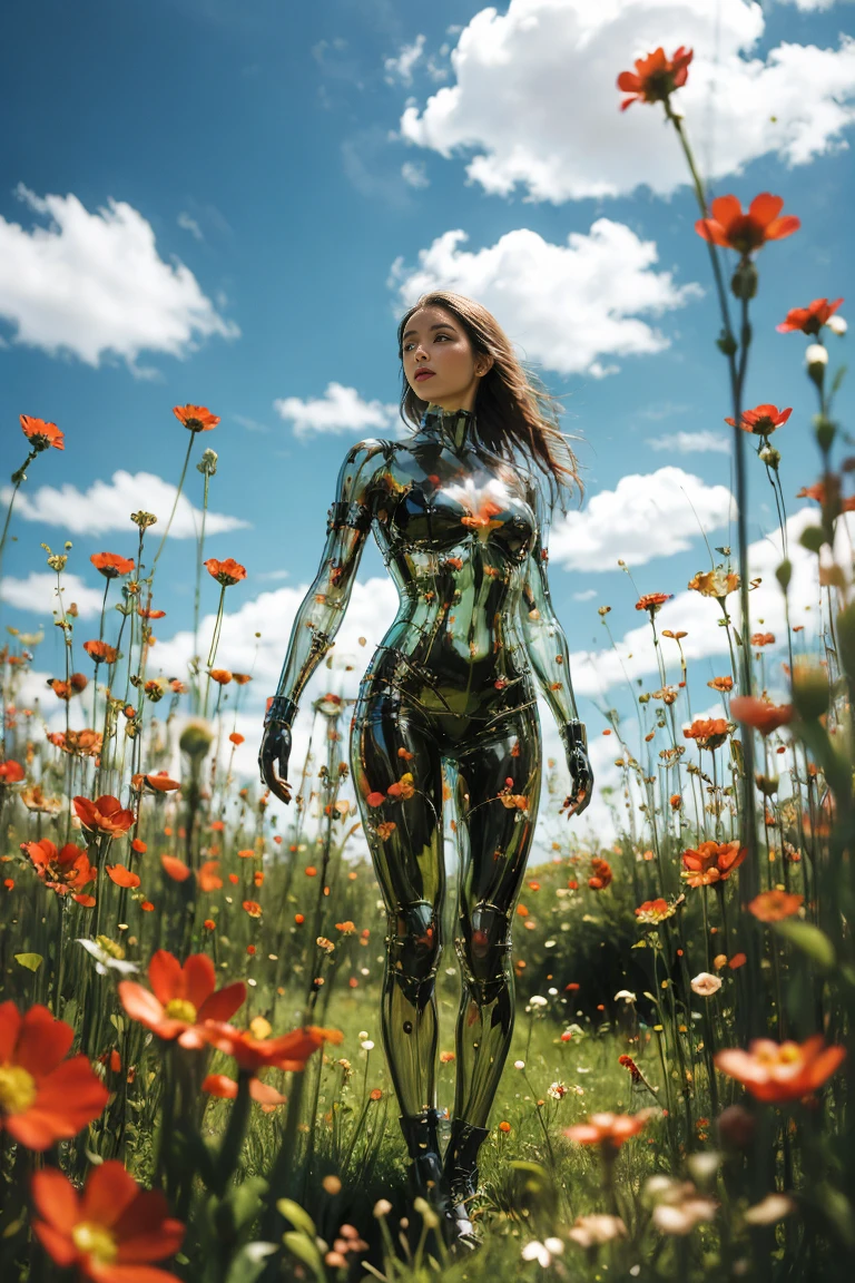 wallpaper，32k，uhd, high details, best quality, highres, masterpiece，1 girl, Looking at the audience, full body,Practical, Long hair, Long hair blown by wind, Random Action，Solitary, Flowers, Sky, Sky, outdoor, short hair, brown Long hair, Science fiction, Vague, Grass, realism, cloud, blue Sky, Chest, Lips, transparent, transparent, transparent,