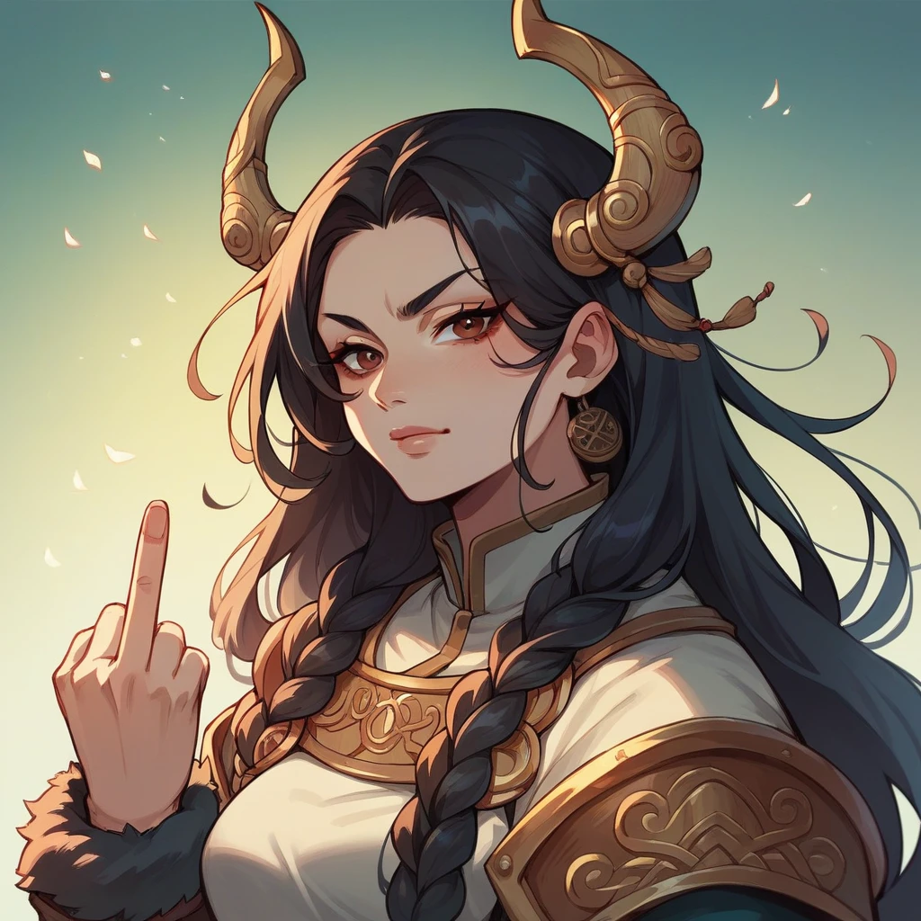 I want a personal photo of a beautiful cat with majestic and very strong Asian features, a Viking warrior, making a cursing motion with her middle finger, in high quality, in an anime style, with beautiful colors..