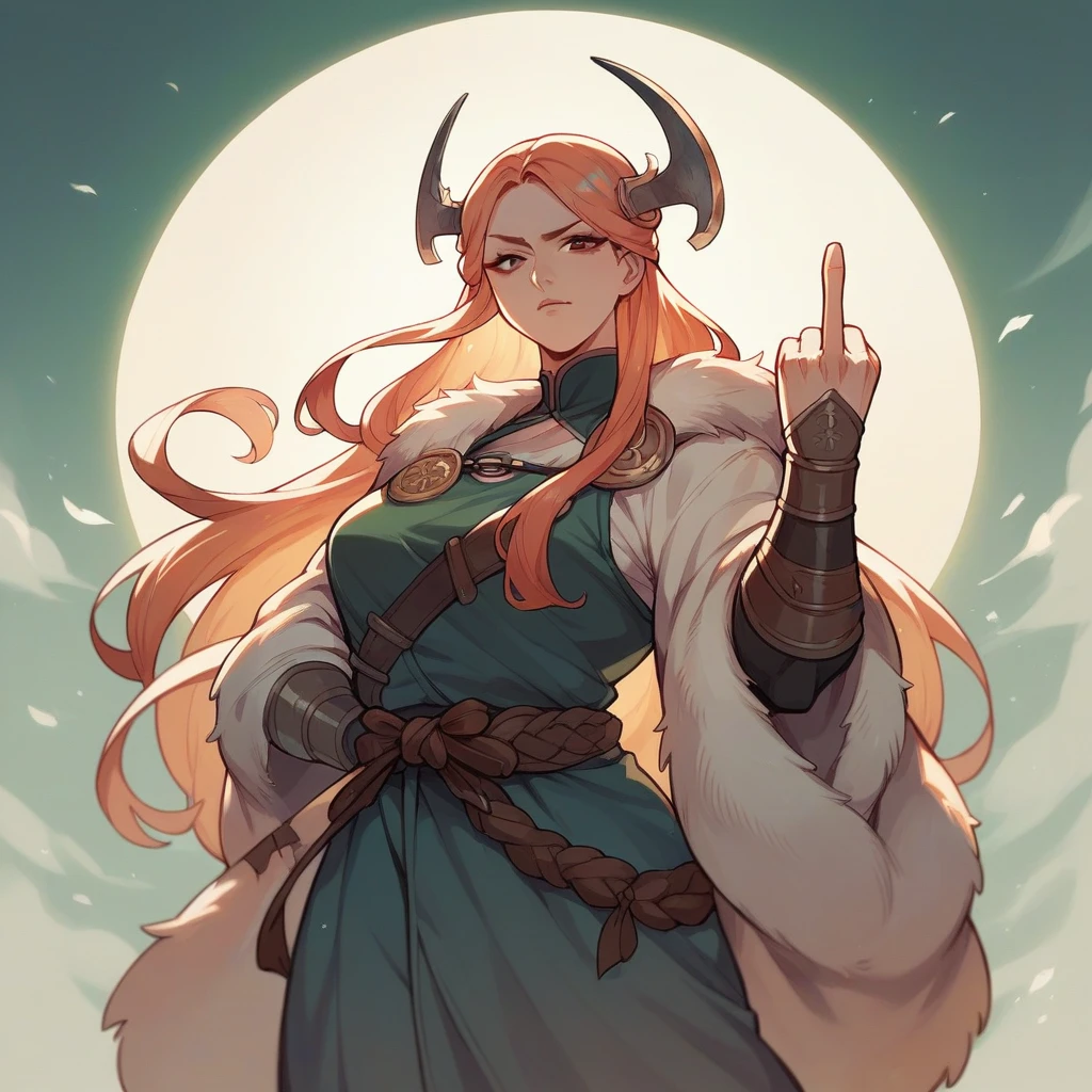 I want a personal photo of a beautiful cat with majestic and very strong Asian features, a Viking warrior, making a cursing motion with her middle finger, in high quality, in an anime style, with beautiful colors..