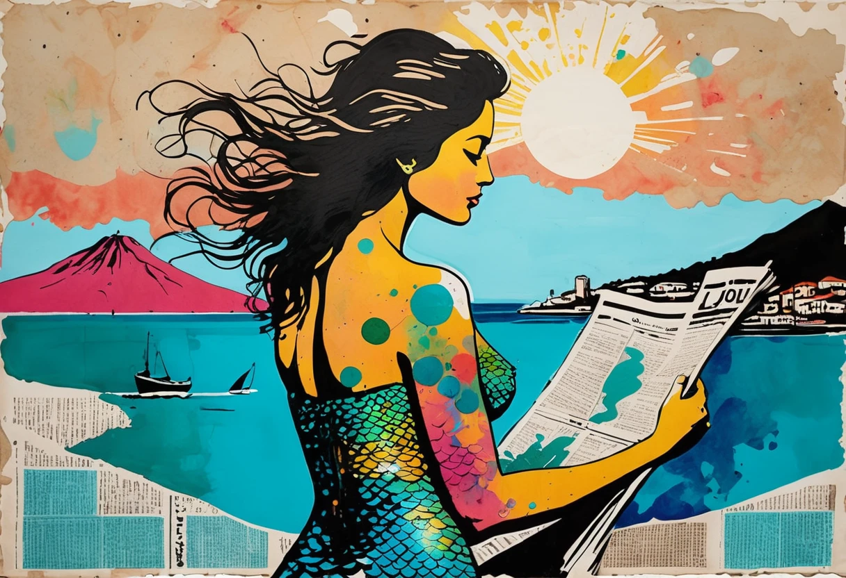 (ink on newspaper in the style of Loui Jover:1.5), NAPLES LANDSCAPE, VESUVIO, SEA, mermaid naples gulf, Envision an art movement inner thoughts and emotions as vibrant, shifting patterns of color and light