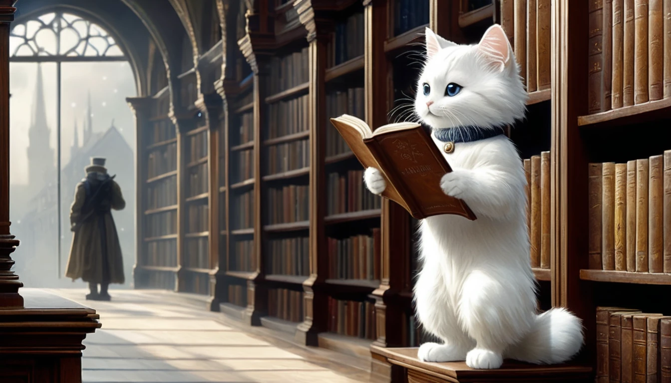 Full body, from behind, standing, costume, illustration of a little cute creature reading a book in a library. The creature is standing facing a bookshelf and reading a book. Fantasy art, exquisite details, Jean-Baptiste Monge style, Alan Lee style, anthropomorphic white cat, cinematic scene, dramatic shot angle, atmospheric particles, realistic, raw cinematic photorealism, action portrait, 8k, detailed, the creature is standing on the right side of the screen, full frame
