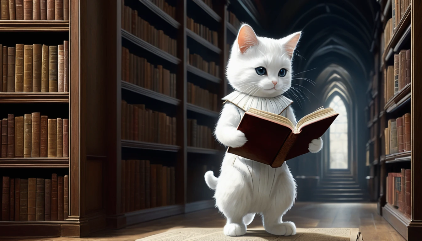 Full body, from behind, standing, costume, illustration of a little cute creature reading a book in a library. The creature is standing facing a bookshelf and reading a book. Fantasy art, exquisite details, Jean-Baptiste Monge style, Alan Lee style, anthropomorphic white cat, cinematic scene, dramatic shot angle, atmospheric particles, realistic, raw cinematic photorealism, action portrait, 8k, detailed, the creature is standing on the right side of the screen, full frame