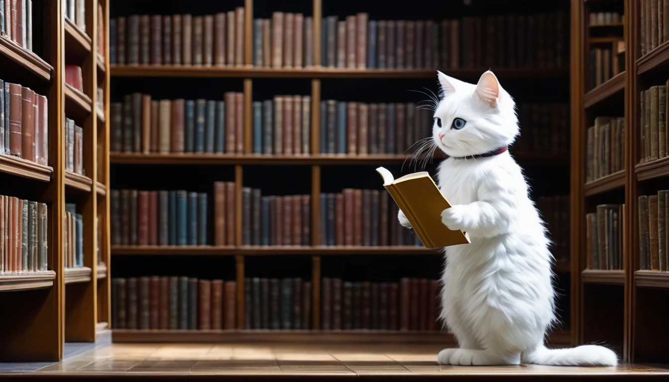 Full body, from behind, standing, costume, illustration of a little cute creature reading a book in a library. The creature is standing facing a bookshelf and reading a book. Fantasy art, exquisite details, Jean-Baptiste Monge style, Alan Lee style, anthropomorphic white cat, cinematic scene, dramatic shot angle, atmospheric particles, realistic, raw cinematic photorealism, action portrait, 8k, detailed, the creature is standing on the right side of the screen, full frame