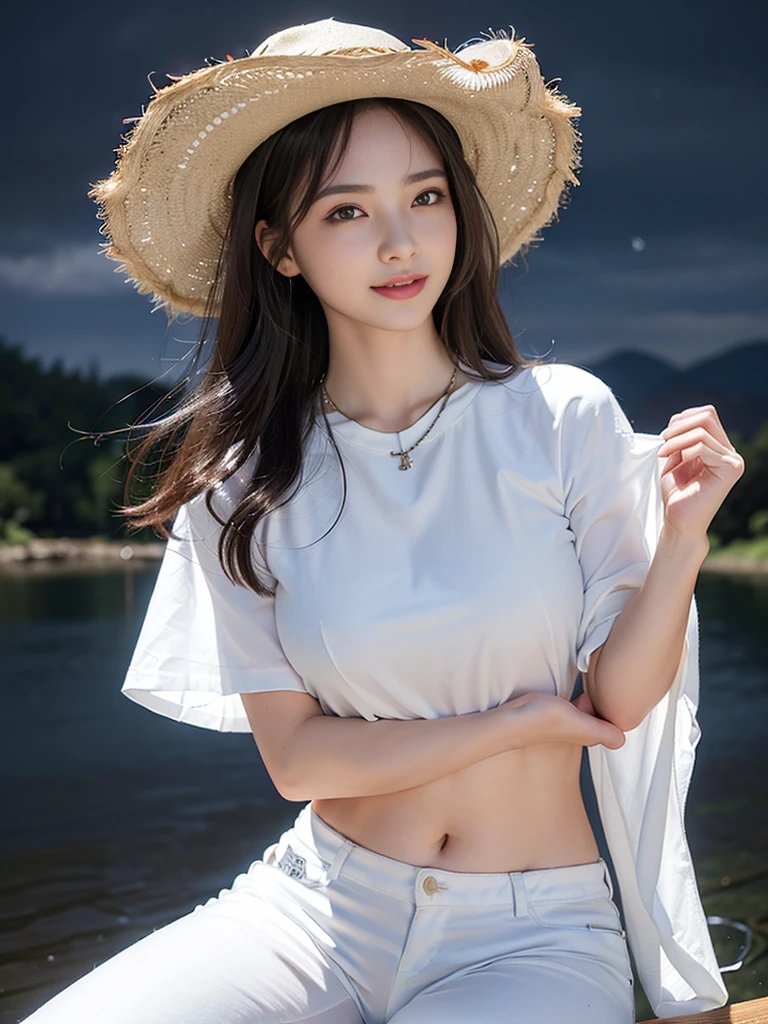 Look at this and smile、Colorful summer clothes、top quality、masterpiece、超High resolution、(actual:1.4)、Very wide lens、close up、Young woman beautiful、Nice detailed eyes and skin、smile、Short brown hair haircut、bust、Small necklace、、straw fedora hat、、Summer sky、(highest image quality: 1.35), high quality, Realistic photo, (A beautiful woman:1.33), beautiful expression, (delicate eyes:1.3), (delicate face:1.3), Smile, (light hair silhouette:1.2), Super detailed , high resolution, Athletic figure, (big breasts:1.25), (long hair:1.2), (beautiful woman), (Cute navel:1.2), ( Depth of field f/1.8:1.45 ), sharp focus, original image , (Thin white shirt:1.45), (Thin white pants:1.4), (Thin white tight pants:1.4 ), (shirt thin white eyelashes:1.4), (thick thighs:1.5), (forward facing:1.25), (cowboy photo:1.4), (night sports:1.4), ( dark sky:1.5 ),