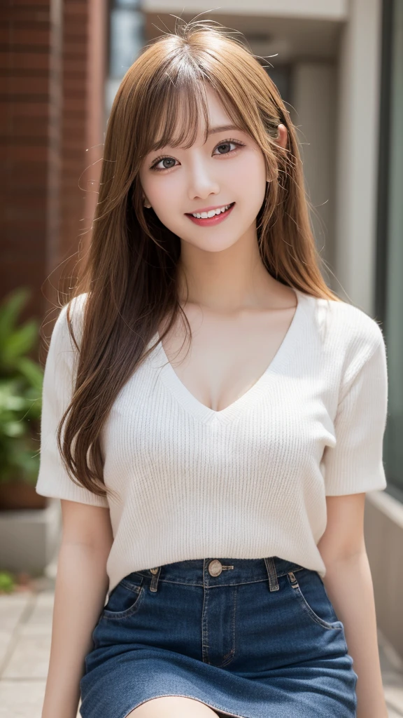 ((Full Body Angle:1.1)),((highest quality, 8K, masterpiece: 1.3)), concentrated: 1.2, Cute girl 1,Nipples erect、 Perfect beauty: 1.4,Crisscross V-neck T-shirt, Casual summer short sleeve t-shirt: 1.2,Long sleeve、Randall Color、comics&Text Graphics、Black ruffle-trimmed drawstring zip blouse,1.1, Highly detailed face and skin textures, Fine grain, double eyelid, whitening skin, ,highest quality,Ultra-high resolution,you,1 girl,alone,_Shiny_skin,Iris,necklace,((Brown_length_Wavy_hair)),(lips)),eyelash,Front hair,deal with,compensate,Shiny,pore,skin texture,Large Breasts、smiling face、garden、