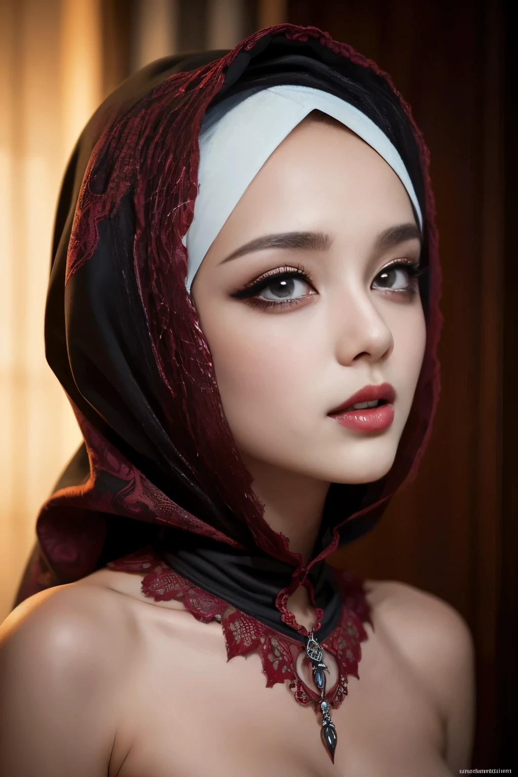 nsfw, porn, topless, blood, horror, fang, vampire, hijabi, Absurd, ultra-detailed, high quality, masterpiece, detailed face, beautiful eyes(detailed eyes)