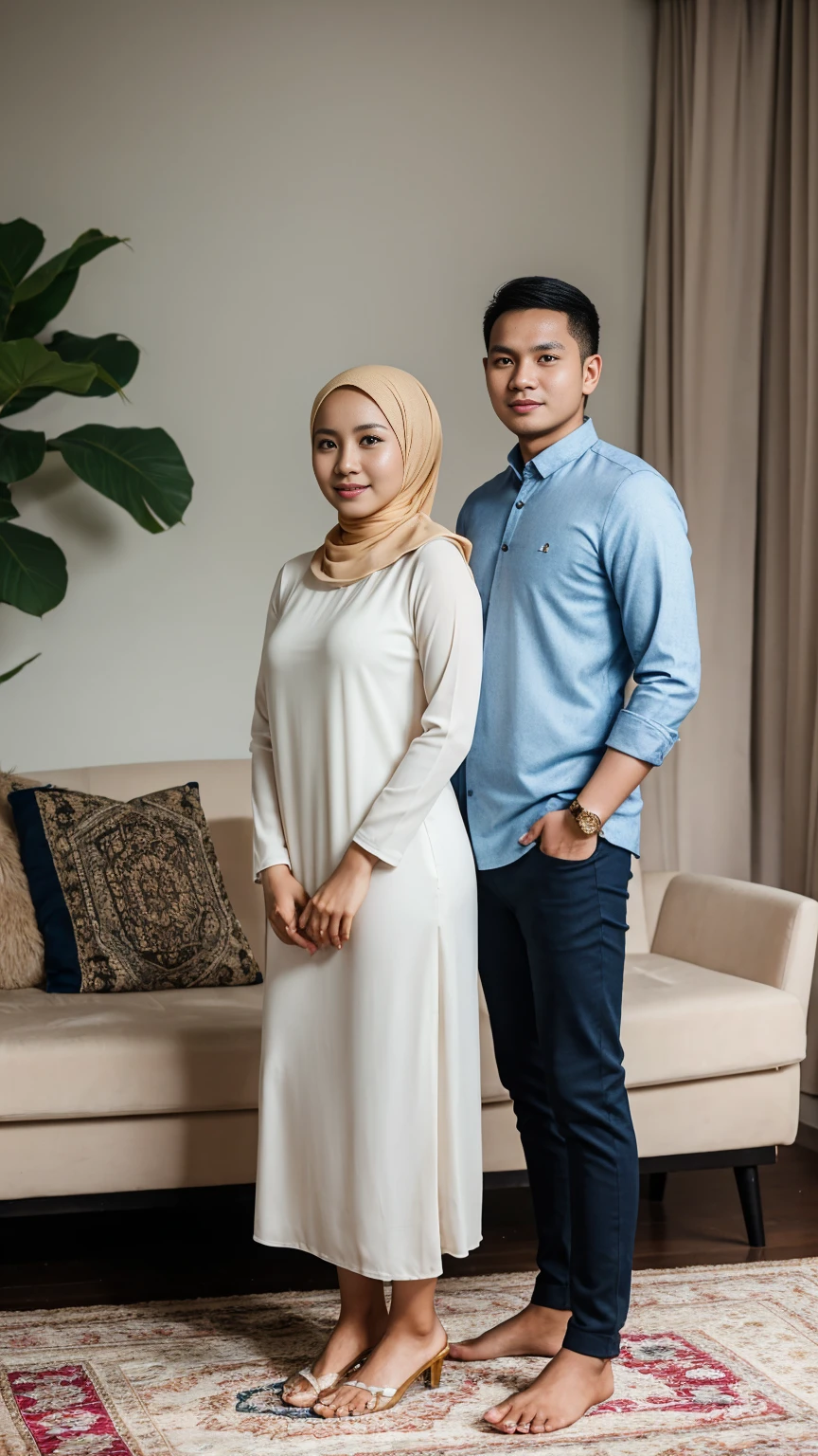 studio photo of a young Indonesian couple. full body, 32 year old husband with neat thin hair and a clean face, 30 year old wife wearing a hijab, detailed face, detailed clothes, living room background, bright lighting, bright sunlight, detailed background, facing straight to camera