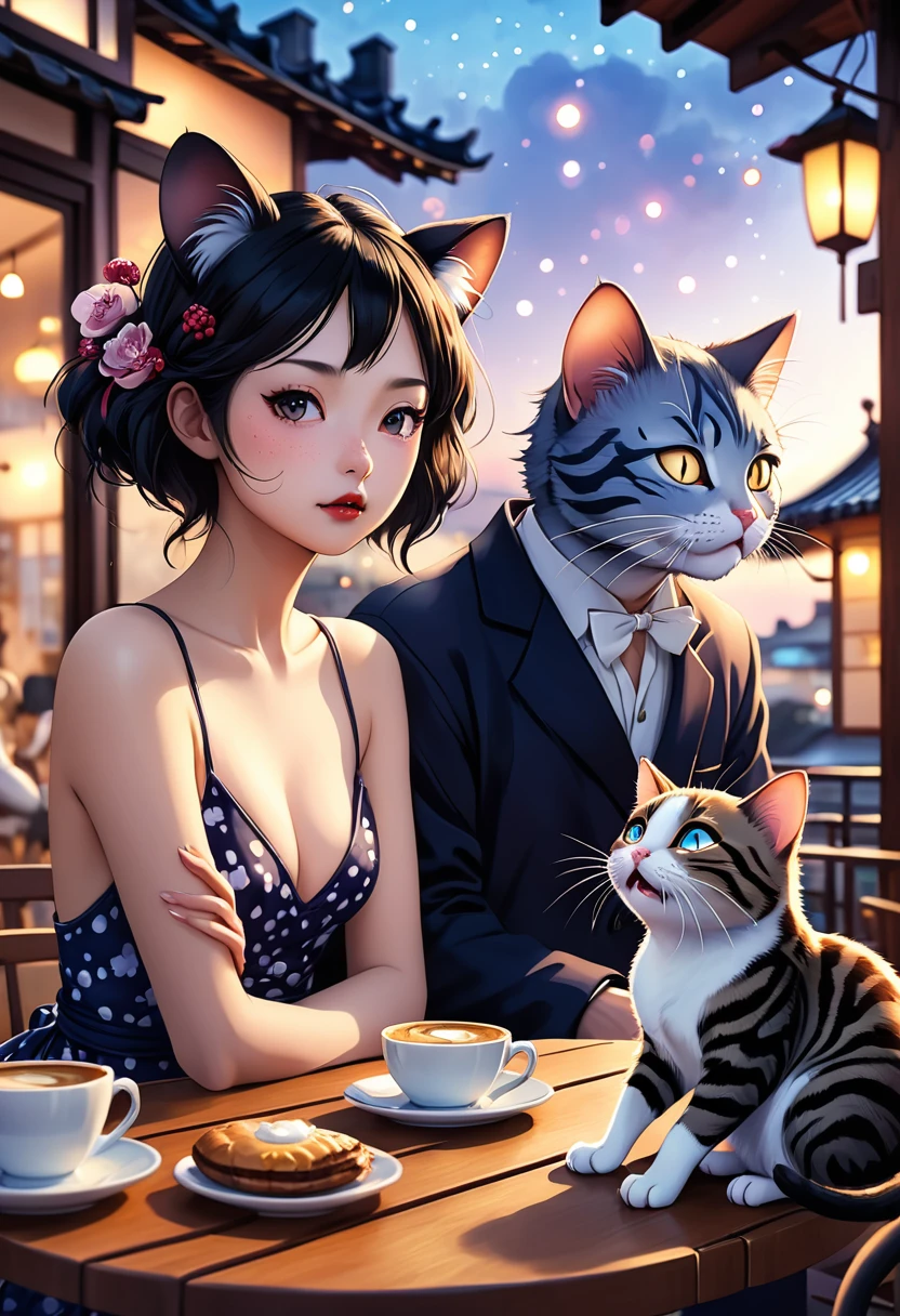 Katsushika Hokusai style , Hallucination, daydream , nightmare , Insane Dream , bokeh , erotica , romance , realistic mouse girl and realistic cat man , realistic nose , cafe terrace