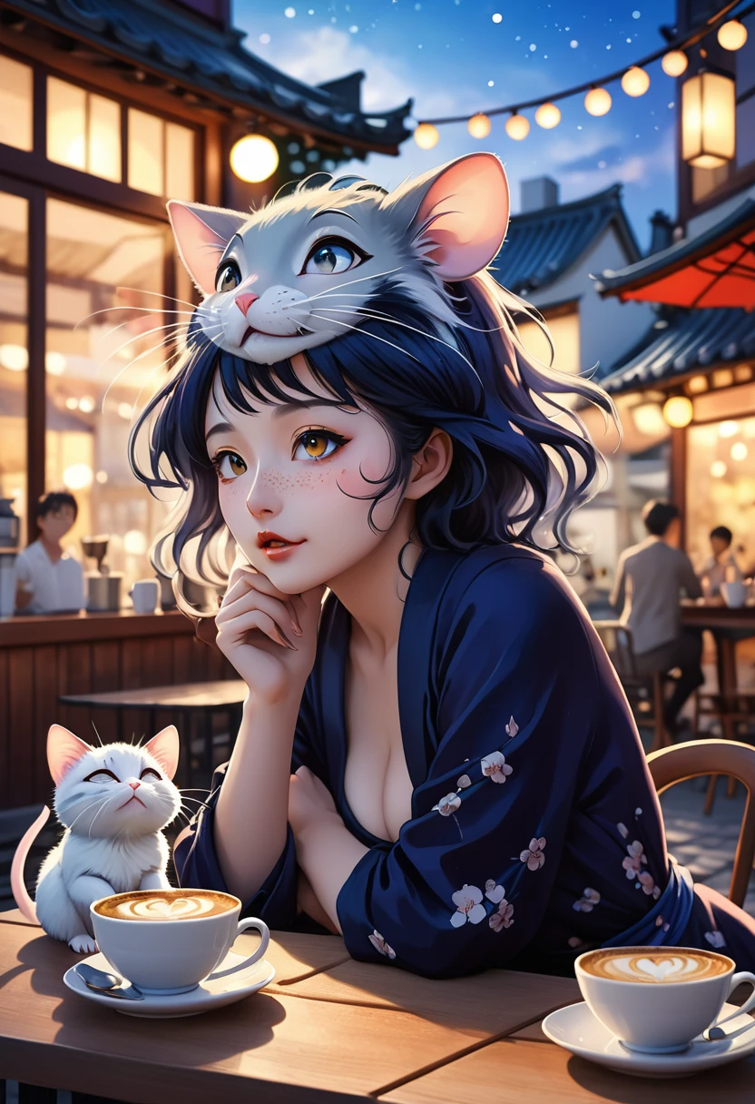 Katsushika Hokusai style , Hallucination, daydream , nightmare , Insane Dream , bokeh , erotica , romance , realistic mouse girl and realistic cat man , realistic nose , cafe terrace