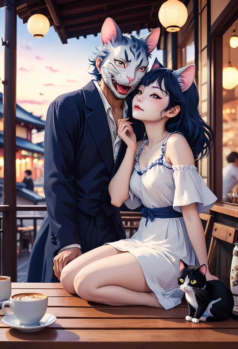Katsushika Hokusai style , Hallucination, daydream , nightmare , Insane Dream , bokeh , erotica , romance , realistic mouse girl and realistic cat man , realistic nose , cafe terrace