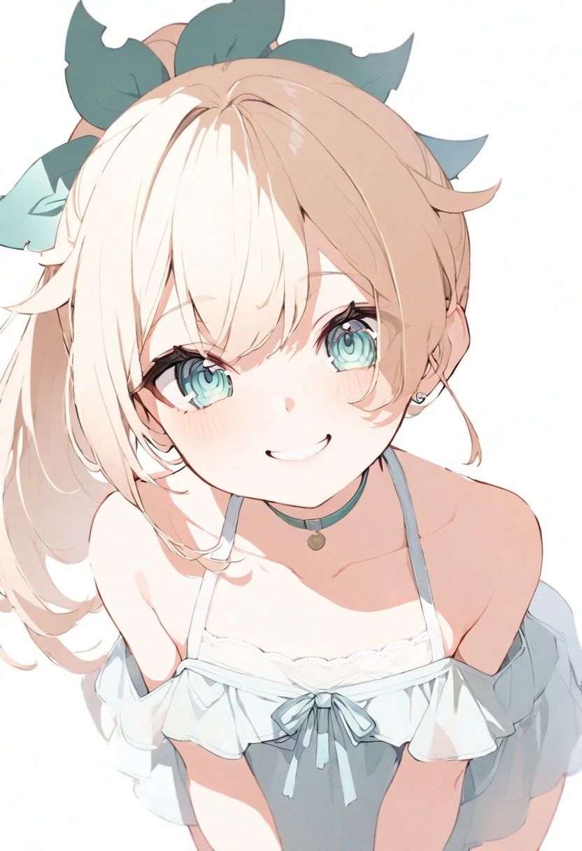 (masterpiece), (best quality), perfect face, beautiful girl, white background background, delicate and beautiful face and eyes, dark intense shadow,
1 girl, vtuber style, cool girl, hololive, , Kazama Iroha, Ponytail, dress, sun dress, sleeveless, small chest, cropped shoulders, clavicle, winking, smile, body visible through clothes, chest visible through clothes, ass visible through thighs, (full body), looking at viewer, standing,