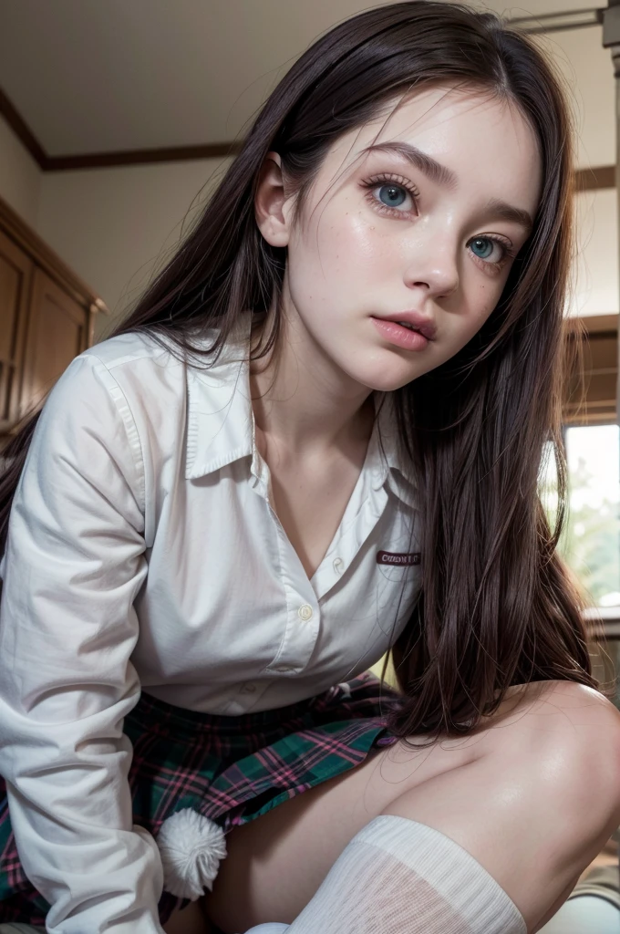 a young girl, big green eyes, round face, small nose, big lips, long purple hair, long eyelashes, pale skin, red cheeks, split chin, Green plaid skirt, long-sleeved white blouse, high socks, school shoes, naughty face, f/16, Canon, from below, Fujicolor, ray tracing, 16k, 8k, highres, best quality, award winning, high quality, high details, super detail, textured skin, anatomically correct, masterpiece, accurate