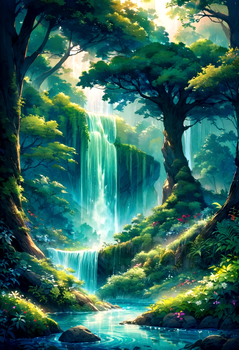 In the heart of the forest, a jubilant waterfall erupts with vigor. Crystalline waters fall from imposing heights, forming a liquid curtain that refreshes the air. The surrounding vegetation is lush with vibrant plants and tall trees. Sunbeams find space between the leaves, creating patches of light that dance on the water. The sound of the waterfall is a natural symphony, while the air is filled with the scent of damp earth. The scene invites you to connect with nature and find inspiration in the strength and beauty of life that flows.