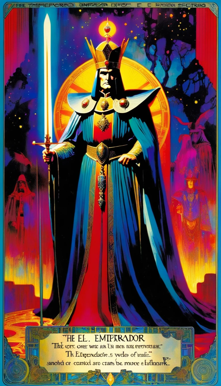 tarot card, the emperor, ((text on card: "EL EMPERADOR"))artwork by Bill Sienkiewicz, vivid colors, intricate details, oil.