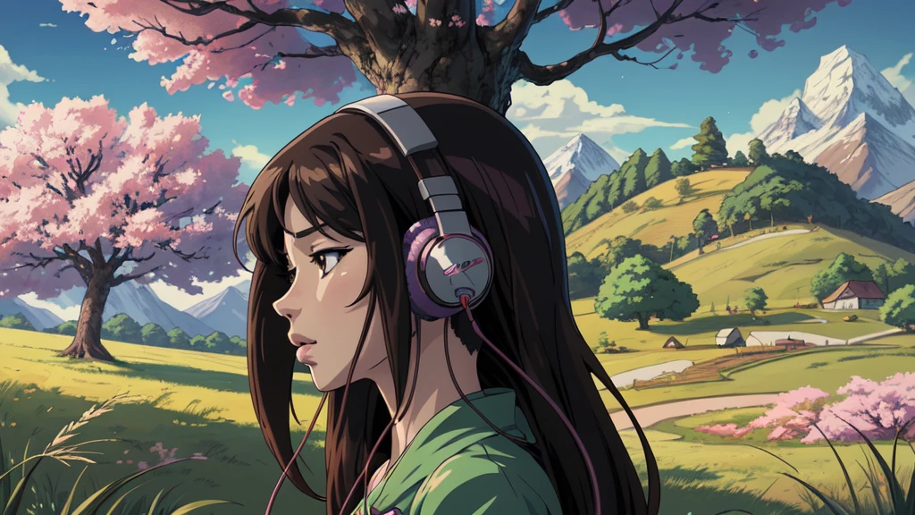 Anime girl with headphones and a cherry tree in the background sam yang, 1girl, black hair, breasts, closed mouth, day, grass, headphones, lips, long hair, mountain, outdoors, profile, shadow, small breasts, solo, tree , ((masterpiece)) anime background art, amazing wallpaper, background art, hd wallpaper, relaxing concept art, beautiful wallpaper, high quality desktop wallpaper, background artwork, pc wallpaper, anime background, wallpaper hd, 8K image quality, Masterpiece