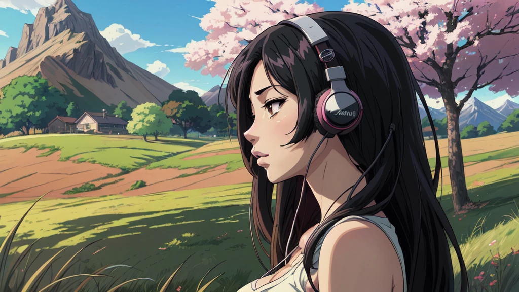 Anime girl with headphones and a cherry tree in the background sam yang, 1girl, black hair, breasts, closed mouth, day, grass, headphones, lips, long hair, mountain, outdoors, profile, shadow, small breasts, solo, tree , ((masterpiece)) anime background art, amazing wallpaper, background art, hd wallpaper, relaxing concept art, beautiful wallpaper, high quality desktop wallpaper, background artwork, pc wallpaper, anime background, wallpaper hd, 8K image quality, Masterpiece
