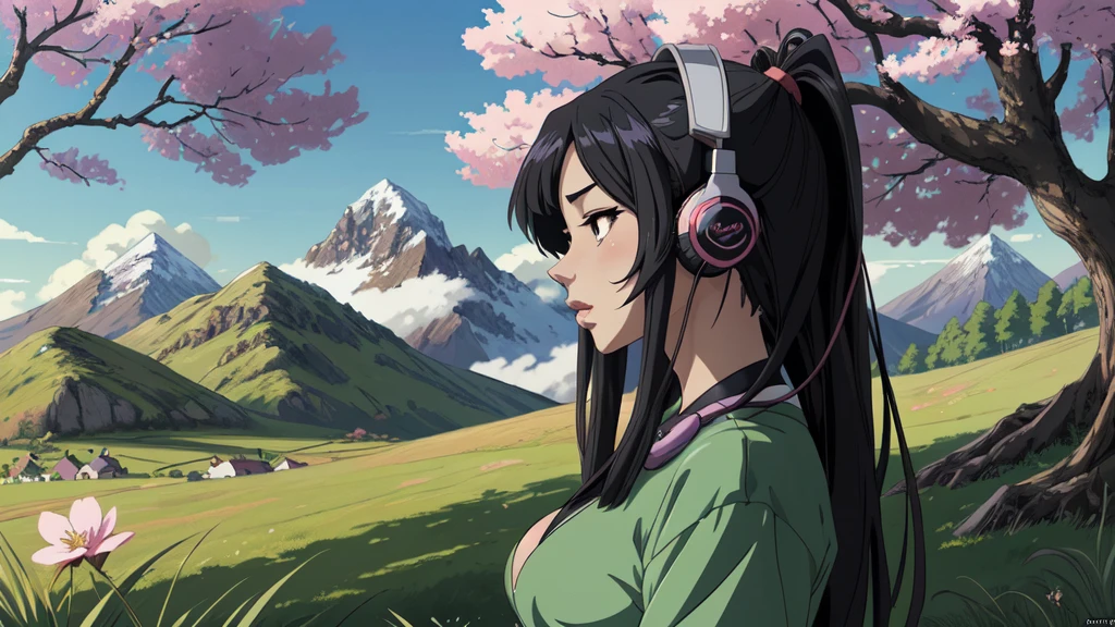 Anime girl with headphones and a cherry tree in the background sam yang, 1girl, black hair, breasts, closed mouth, day, grass, headphones, lips, long hair, mountain, outdoors, profile, shadow, small breasts, solo, tree , ((masterpiece)) anime background art, amazing wallpaper, background art, hd wallpaper, relaxing concept art, beautiful wallpaper, high quality desktop wallpaper, background artwork, pc wallpaper, anime background, wallpaper hd, 8K image quality, Masterpiece
