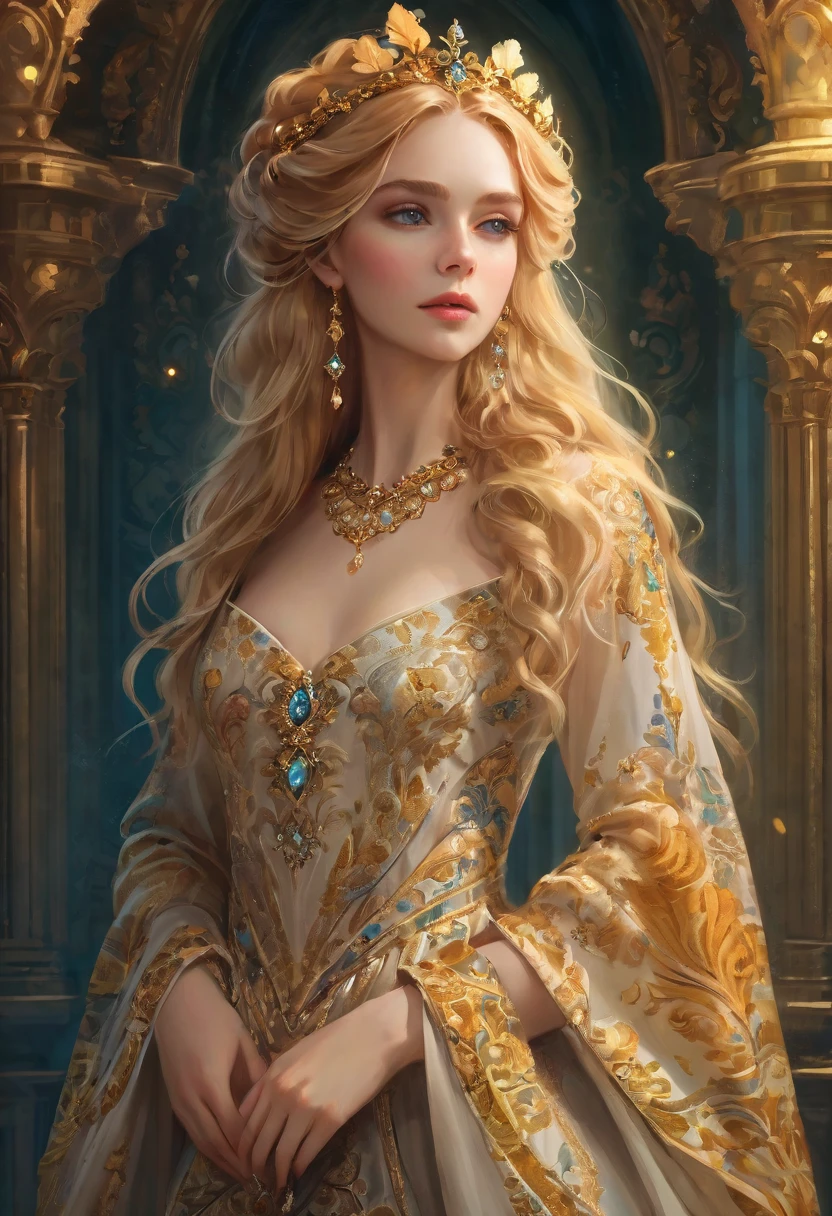 a beautiful young woman with long golden blonde hair, wearing an ornate baroque style dress, ethereal fantasy portrait, digital art, photorealistic, 8k, highly detailed, masterpiece, dramatic lighting, cinematic, glowing skin, piercing eyes, elegant pose, flowing fabric, ornate jewelry, ornate headpiece, dreamlike atmosphere, whimsical, magical realism, soft color palette, warm tones