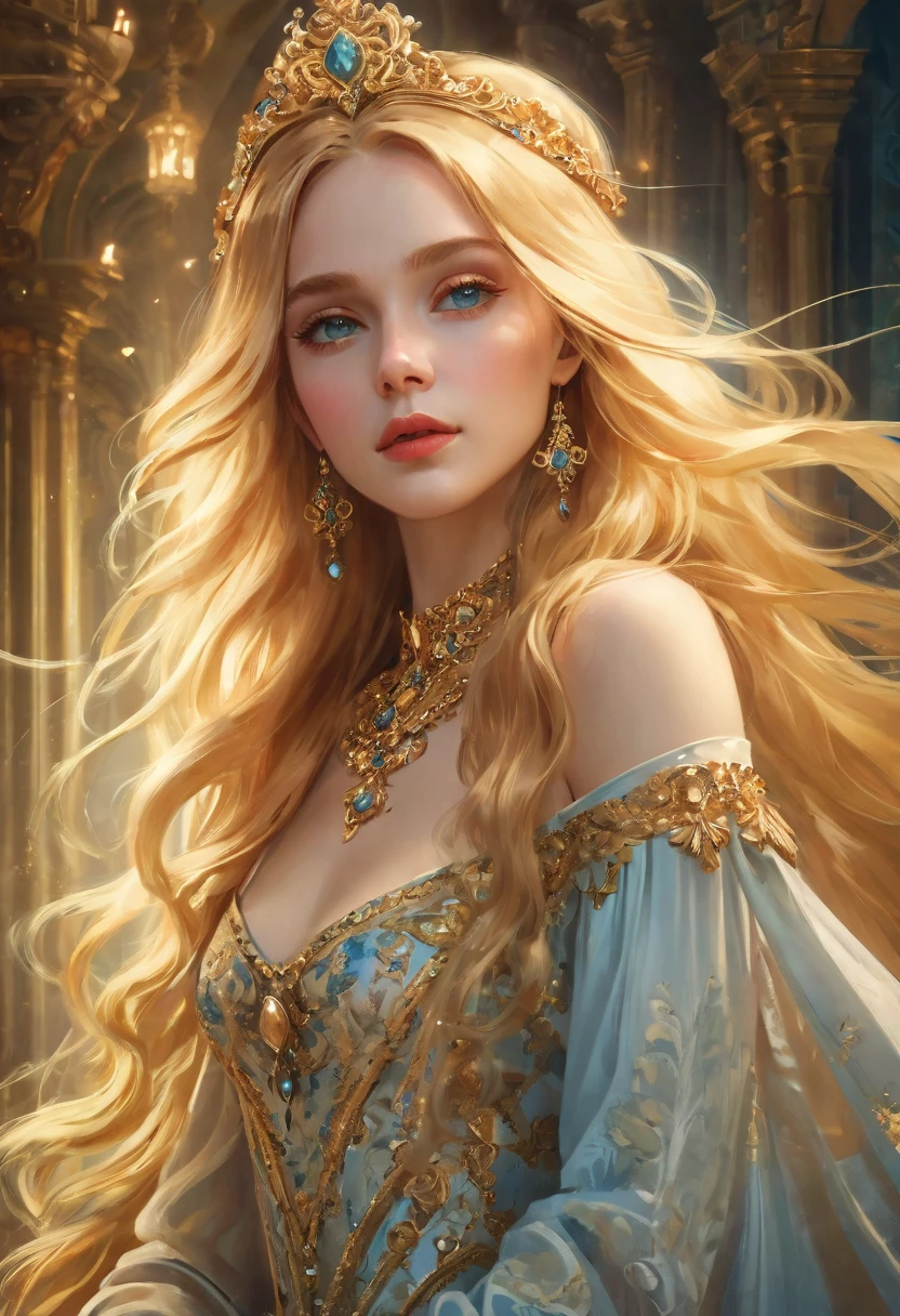 a beautiful young woman with long golden blonde hair, wearing an ornate baroque style dress, ethereal fantasy portrait, digital art, photorealistic, 8k, highly detailed, masterpiece, dramatic lighting, cinematic, glowing skin, piercing eyes, elegant pose, flowing fabric, ornate jewelry, ornate headpiece, dreamlike atmosphere, whimsical, magical realism, soft color palette, warm tones