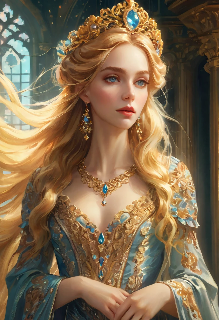 a beautiful young woman with long golden blonde hair, wearing an ornate baroque style dress, ethereal fantasy portrait, digital art, photorealistic, 8k, highly detailed, masterpiece, dramatic lighting, cinematic, glowing skin, piercing eyes, elegant pose, flowing fabric, ornate jewelry, ornate headpiece, dreamlike atmosphere, whimsical, magical realism, soft color palette, warm tones