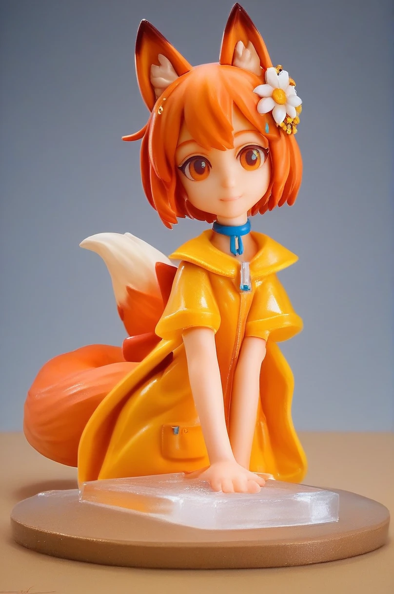 masterpiece, best quality, amazing aestethics, 4k, 1girl, orange raincoat, cute, (pvc figure style:1.4), figure, (best quality, masterpiece) 1girl, sen, animal ears, tail, fox ears, fox girl, fox tail, hair flower, hair ornament, orange eyes, orange hair, short hair, portrait of vin, beautiful, traditional media, basic background, blurry background, cowboy shoot:1.3, (foggy background, inside, clear room, on table:1.2)
