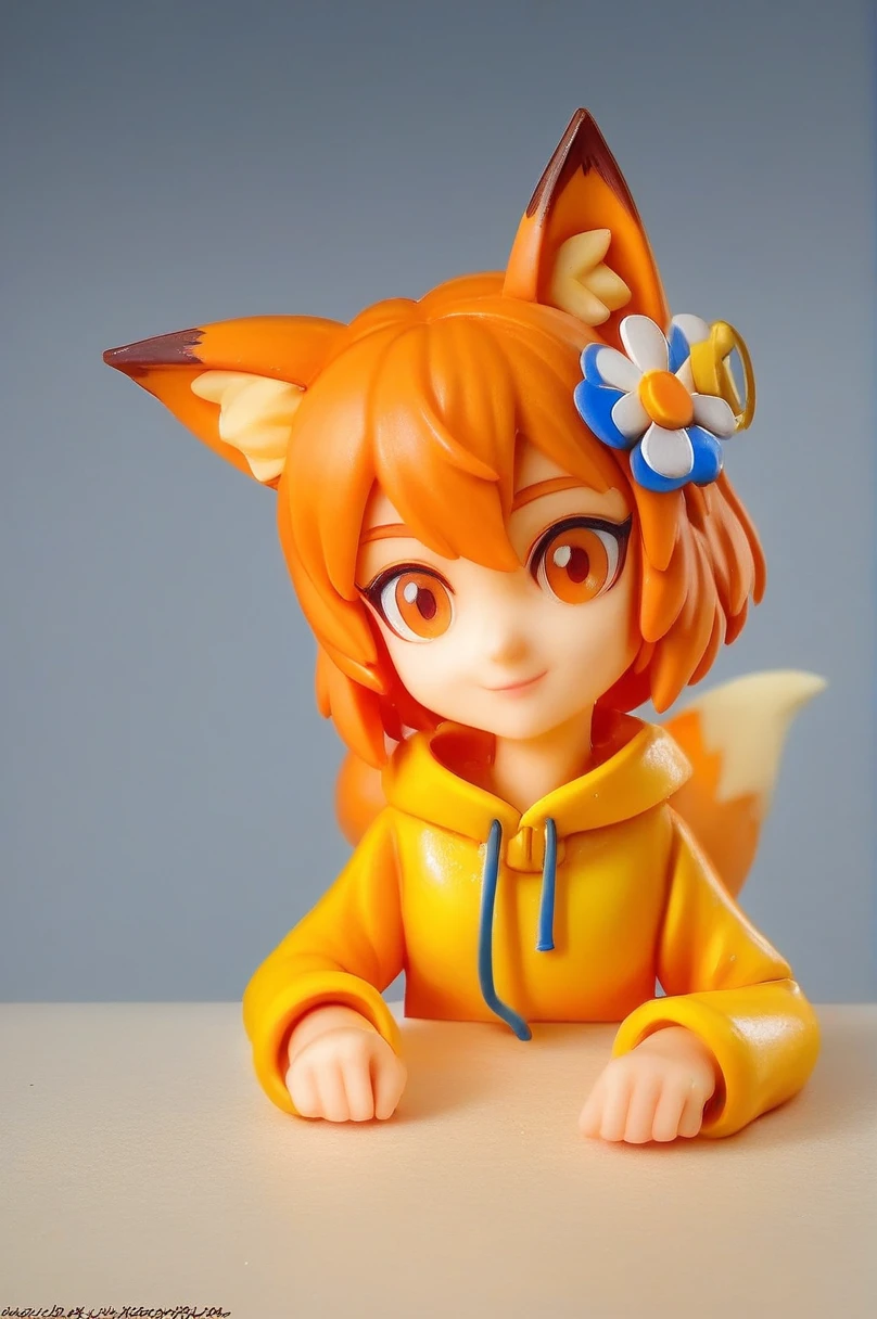 masterpiece, best quality, amazing aestethics, 4k, 1girl, orange raincoat, cute, (pvc figure style:1.4), figure, (best quality, masterpiece) 1girl, sen, animal ears, tail, fox ears, fox girl, fox tail, hair flower, hair ornament, orange eyes, orange hair, short hair, portrait of vin, beautiful, traditional media, basic background, blurry background, cowboy shoot:1.3, (foggy background, inside, clear room, on table:1.2)
