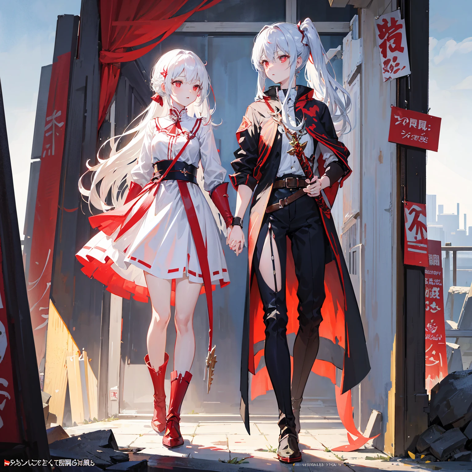 Wearing a red and white dress、anime girl holding sword, Highly detailed official artwork, Epic Light Novel Cover Art, epic Light novel cover art, Silver and red armor, guweiz on pixiv artstation, Anime style 4K, Detailed key animation art, Light novel cover art, Anime Fantasy Artwork,White hair and red eyes,Side Ponytail,Waist-length hair,one person,Portraiture,Reading