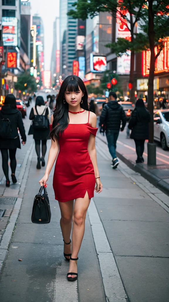Girl with somewhat suggestive red dress, walking down a busy avenue of a megalopolis city