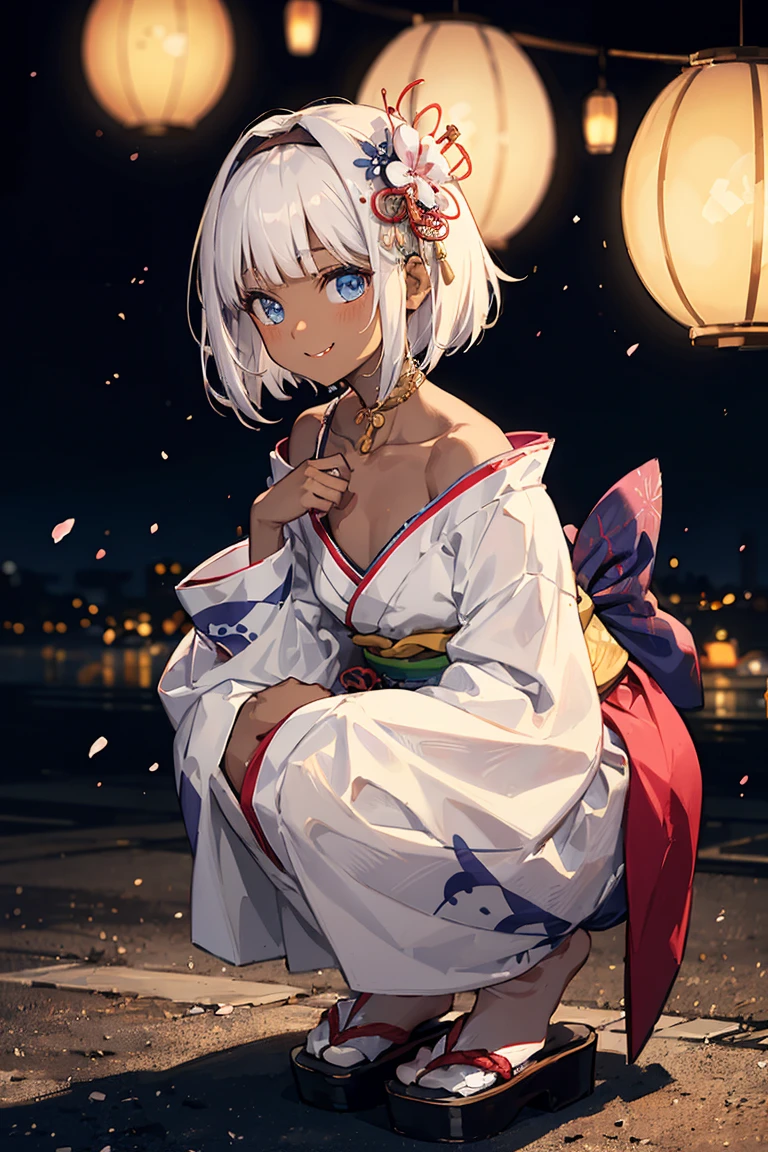 One Woman、 (((dark skin))), Beautiful silver hair、((((Very short hair))))、French braids、skyblue eyes、small eyes, ((tsurime)), Beautiful Eyes、(hair band)、(((Blunt bangs))), ((Medium Chest)), Off the shoulder、24-years-old、Tight waist, night、Fireworks display、Japanese Festivals、((Pink long-sleeved kimono))、Long flower hair ornament、Eat cotton candy、Cowboy Shot、squatting, smile、Shallow depth of field