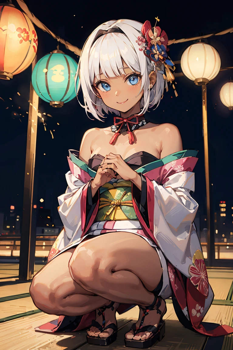 One Woman、 (((dark skin))), Beautiful silver hair、((((Very short hair))))、French braids、skyblue eyes、small eyes, ((tsurime)), Beautiful Eyes、(hair band)、(((Blunt bangs))), ((Medium Chest)), Off the shoulder、24-years-old、Tight waist, night、Fireworks display、Japanese Festivals、((Pink long-sleeved kimono))、Long flower hair ornament、Eat cotton candy、Cowboy Shot、squatting, smile、Shallow depth of field