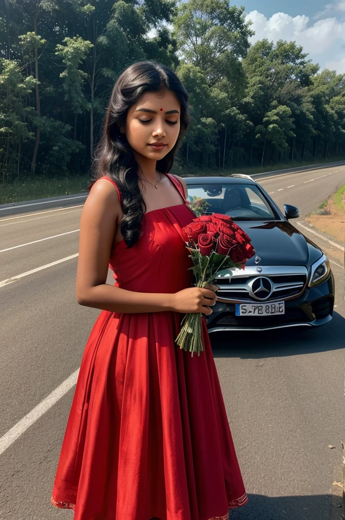 Selfie of a young Indian girl wearing a red frock standing on a highway with a Mercedes in her background and she's holding a bouquet of roses with her eyes closed