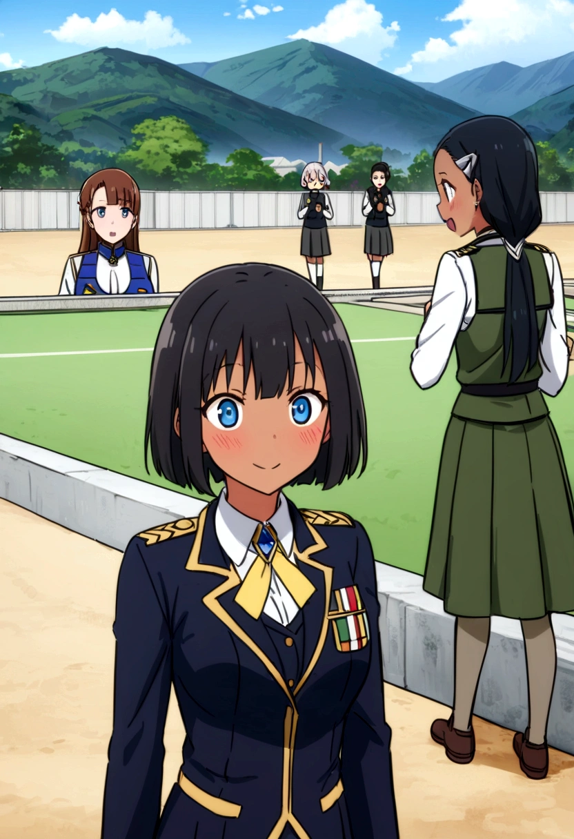 Highest quality、high resolution、Detailed Description、Detailed Background、Accurate depiction、animeスタイル、anime、Four Girls、More than one person、元気なFour Girls、Dark Skin、uniform、army base、Chat、chatting、Black Short Hair、Big eyes、cute、Asahi、View of the shooting range and mountains