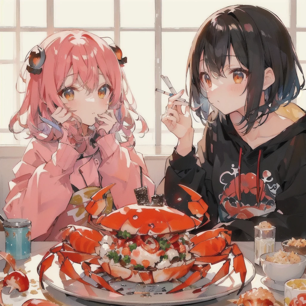 テーブルの上でサンドイッチとcrabの乗ったいちごのケーキを食べているアニメの女の子, Smoking a cigarette,Anime Food, headcrab, crabcore, ❤🔥🍄🌪, Anime Style 4k, Best anime 4k konachan wallpaper, at Pixiv, Anime Aesthetics, Anime Style, crab, Shirabii, Trending Anime Art, Pixiv, Cute Anime, Anime art style