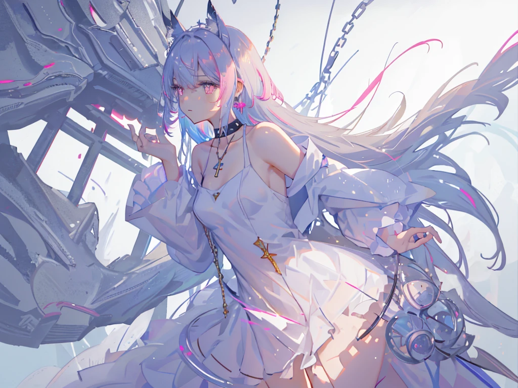 8k wallpaper，tmasterpiece，cinmatic lighting，top Quority，illustratio，Dramatic angles，（（a color：1.1）），（（Colored inner hair：1.4）），
1girll， solo， long whitr hair， SakuraNS， Pink eyes， Cross necklace， parted lip， a white choker， liquid hair， Pink gray hair， By bangs， By bangs， From the side Side， contours， The upper part of the body， blue hairs， simple backgound， pink back ground， exposed bare shoulders， sportrait， looking at viewert， white dresses， hairsbetweeneyes， colorfulhair， white backgrounid， 耳Nipple Ring，jewely