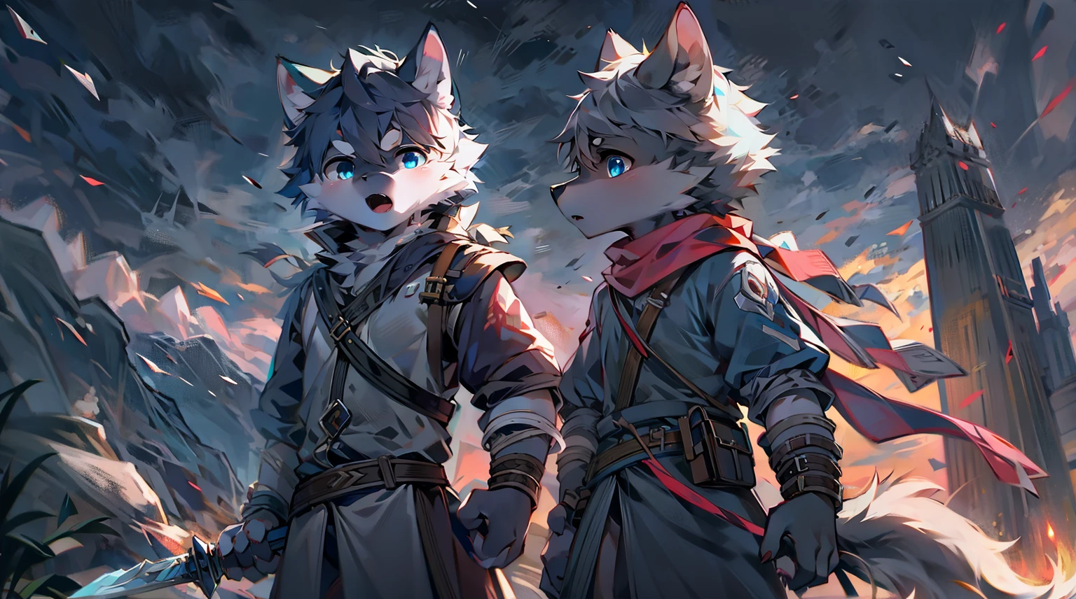 Wolf,juvenile,male,Gray-black fur,Sky blue eyes,Ancient combat uniform,scarf,Holding a long sword,Scabbard back,permanent,The only one,dawn,illumination,Break