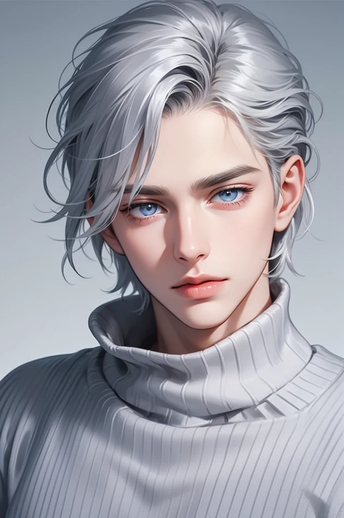 Boy, silver hair, blue eyes, serious sharp features, white skin, shiny lips, handsome, perfect, sweater
