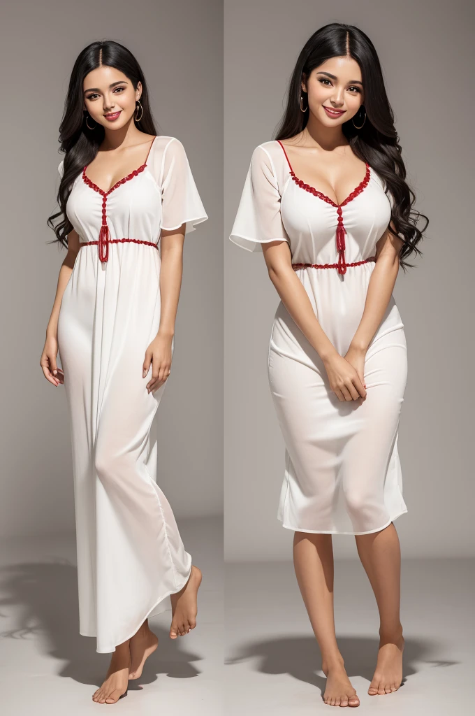 create a 28 year old Brazilian woman, standing model, Brown skin, long black hair, barefoot, white backdrop, red nightgown, full body, smiling,