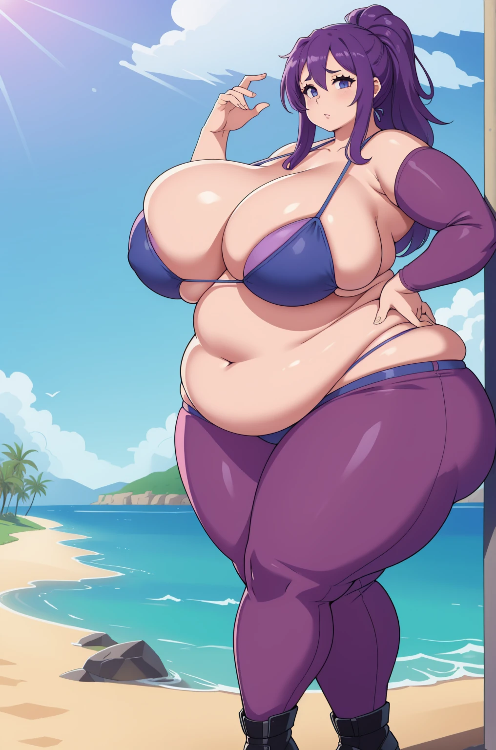 ,(massive sagging breasts:1.2)1girl, wide hips, gigantic breasts, thick thighs, curvy, bikini, purple hair