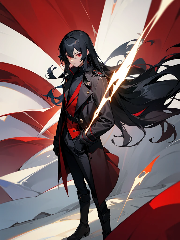best quality, high quality, alone ,teenager, male, Long Hair, Black Hair, Red eyes, whole body, Black boots,dark trench coat, White gloves, Light skin tone, One corner, nail
