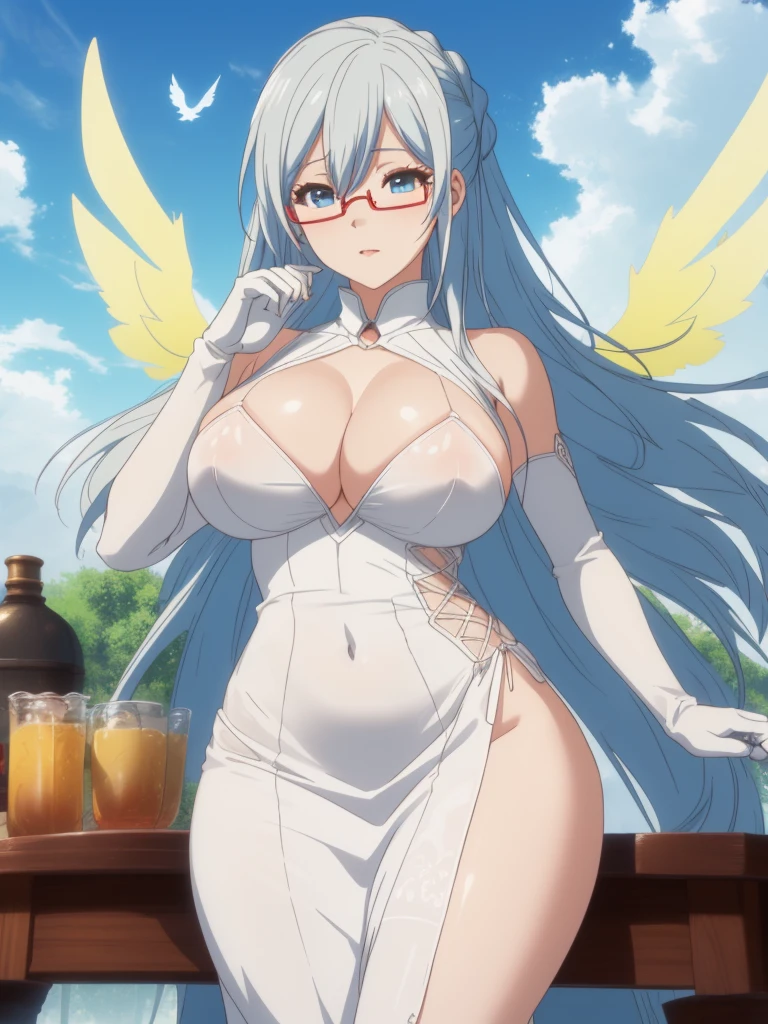 eleonora bonnefoy, sexy, (doggy style: 1.2), table top, (penetration: 1.2), silver hair, blue eyes, glamorous body, angel wings, (big breasts: 1.6), beautiful cleavage, (white elbow gloves), ((luxurious dress, pure white)), wide hips: 1.2, big ass: 1.3, (fluttering in the sky, flying in the sky sexy pose, big), (four fingers, one thumb), (shooting, front, from below), (sky background, clouds, sun, bird, in the sky), (ultra-detailed animation, 32K ultra-high quality, masterpiece)