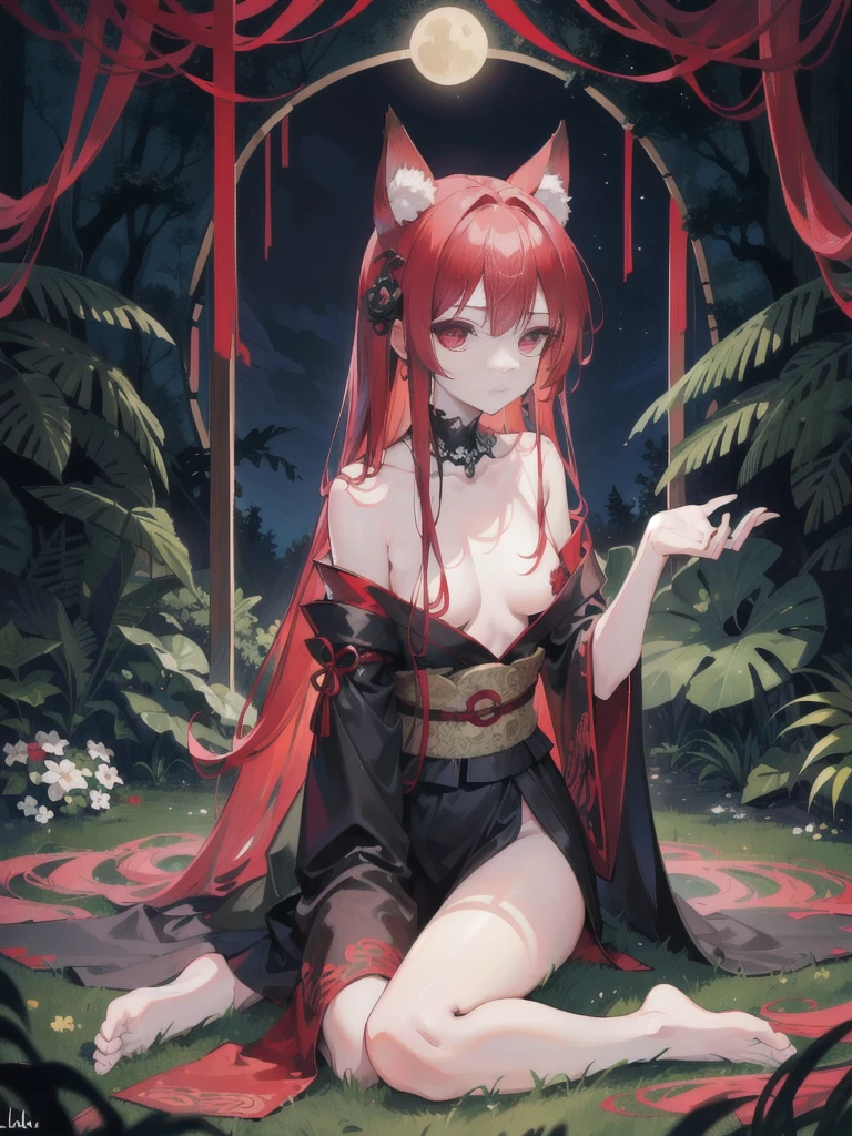 ((Masterpiece)),(Professional photography:1.2), 8K, Cinematic lighting, From Bottom, ((Eyes looking at the sky)), Very disheveled medium-sized hair, Cute young beautiful girl, ((Sit on the ground, in the dark forest)), (naked small breasts), Heavily torn and torn dirty white oversized camisole, (Slender small breasts), Textured skin, fox ears, Fox tail,9 tails, red Hair, Hair, Long Walls, elou eyes, sexy body, black red kimono, Breasts are visible, The labia are visible, erotic pose, kali, Night Forest, luna, Girl in the water, Gates of the Temple, Lace, Lace Gothic Choker, Different poses, translucent fabric, Lace