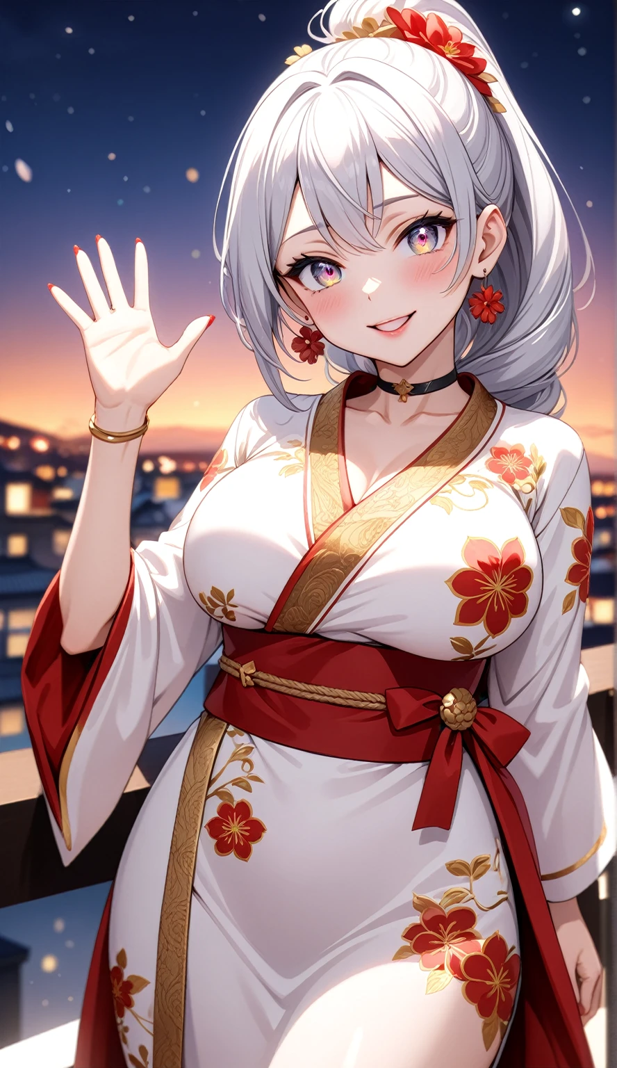 ((One personの女性)), Beautiful Face,(head tilt:1.5), ((waving at viewer:2.2)),Laughing embarrassedly,((Wink:2.0)),Laugh with your mouth wide open((Bright red cheeks:1.4)),Shiny red lips,night,rooftop,Festive decorations,You can see the ocean, firework,Laughing with your mouth open,Glossy pink lips,Lighting on the face,((Anime style background)),masterpiece, Highest quality, so beautiful,Latest, Complex details, (Pink long nails),(ring),(bracelet),(choker),AI-generated, Complex,High resolution, Highest quality, super high quality,3D Images、3D Images,One person,Long white hair,High Ponytail,(blue eyes),Anime woman posing for a photo, ((Fine grain、Silvery white colorful eyes、Shining Eyes:1.4)),(Squint your eyes:1.1),a hyperRealistic , hyperRealistic , Realistic,Anime woman with long and white hair, Smooth anime CG art, A woman in a colorful kimono with gold embroidery, (Black long sleeve kimono),Red floral pattern,Long flower hair ornament,Big earrings,Mature Body,(Big Breasts:1.1),Tall,Abdominal muscles,Narrow waist,(Zoom in on face:1.8),Shooting from below at an angle