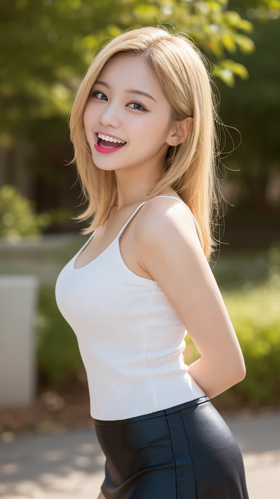 Highest quality, shape, Very detailed, finely, High resolution, 8k wallpaper, mini skirt,Mouth up ,Mouth open,one piece, Blonde,Sexy look,Natural color lip, Random sexy poses,smile,Beautiful teeth,20-year-old girl,Random background