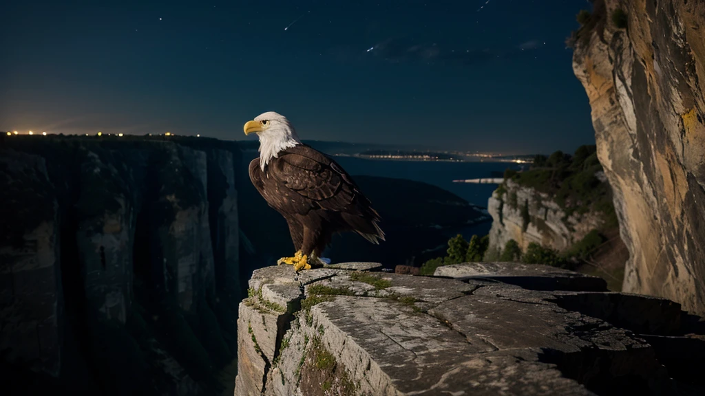 1 Eagle on a cliff, night ambience, median distance of the eagle in relation to the view of the image, Determination