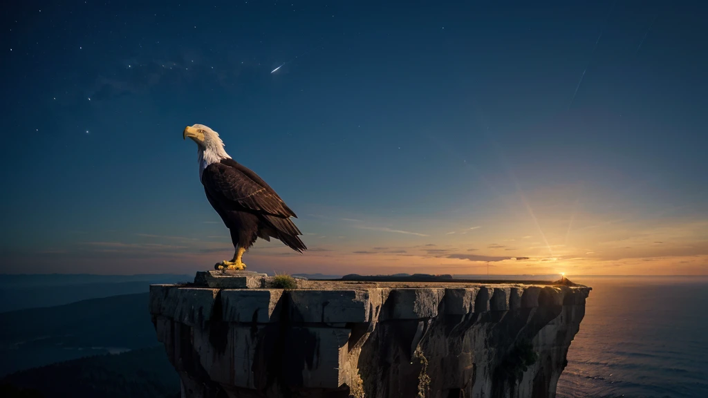1 Eagle on a cliff, night ambience, median distance of the eagle in relation to the view of the image, Determination