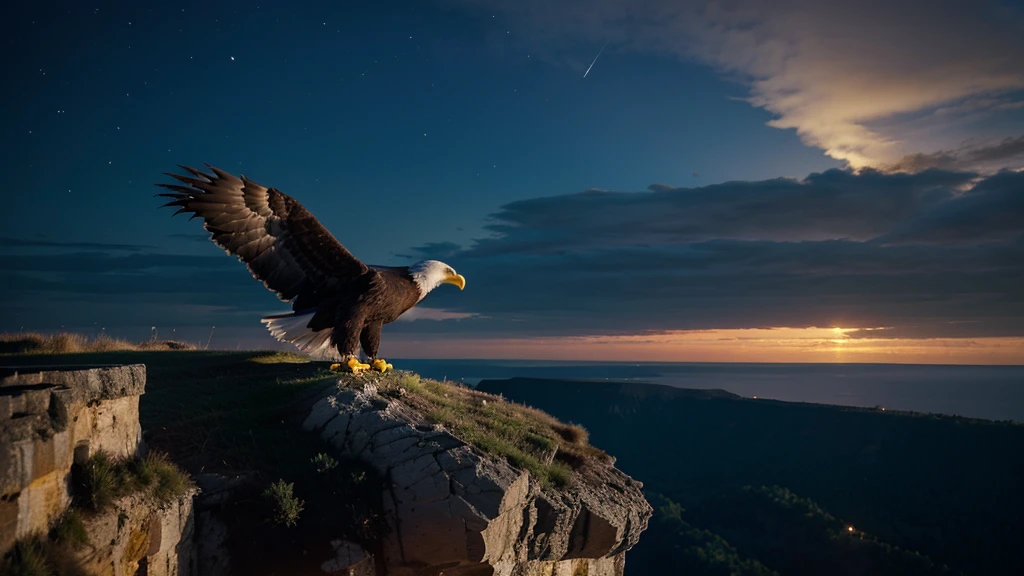 1 Eagle on a cliff, night ambience, median distance of the eagle in relation to the view of the image, Determination